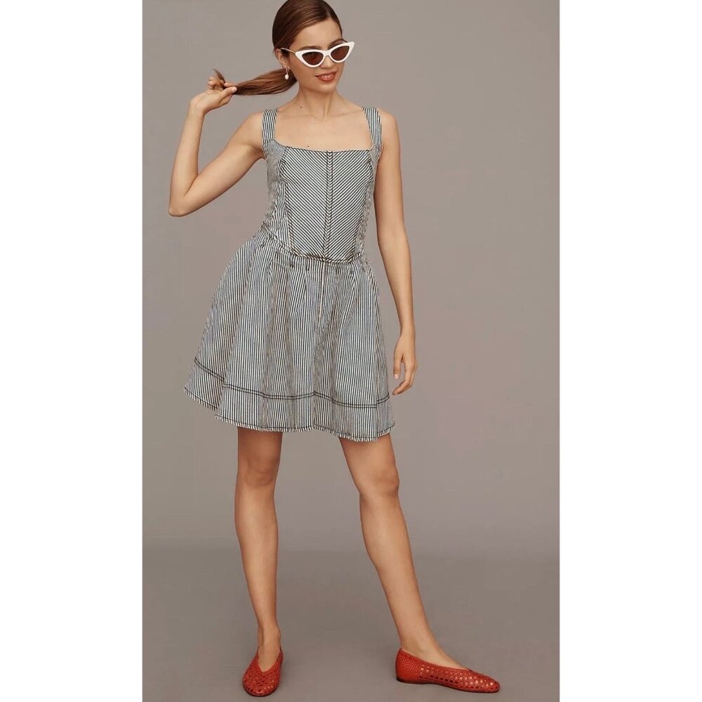 Anthropologie Pilcro Square-Neck Tie-Back Denim Mini Dress MSRP$158.00 NWT XS